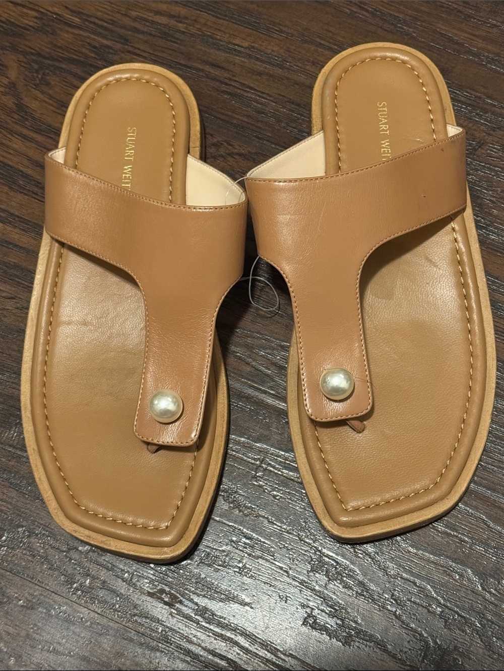 Stuart Weitzman Cognac Leather Pearl-Accent Slide Sandals